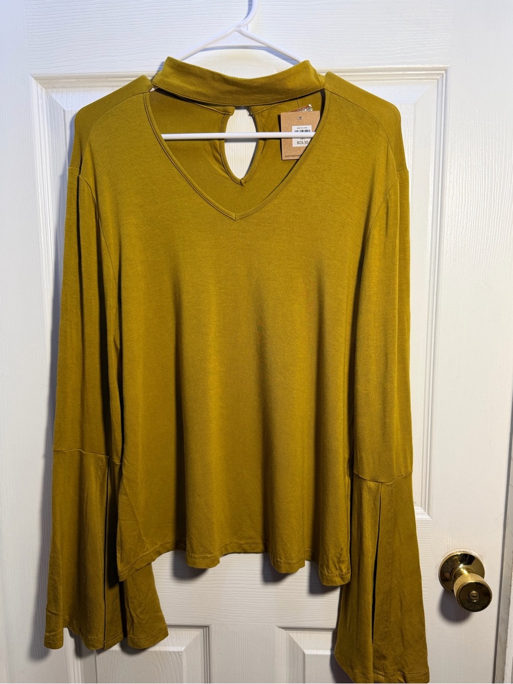 Earthbound Olive Green Bell Sleeve Long-Sleeve V-Neck Top with Keyhole